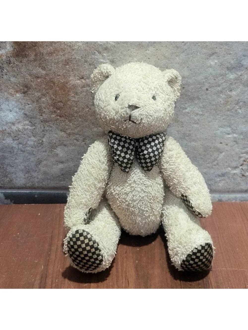 Vintage Tan Brown Teddy Bear Fully Jointed  Checkered Bow 9
